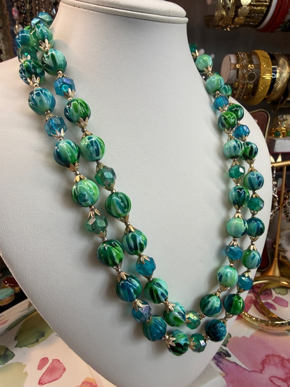 Vintage Hong Kong Green & Blue Swirl Double-Strand Beaded Necklace - Picture 2 of 6